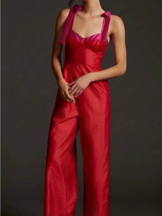 Anthropologie Pants - Anthropologie Two Tone Red Satin Wide-Leg Jumpsuit with Pink Tie Straps